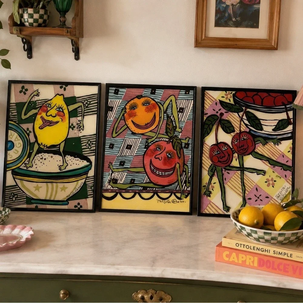 Pat Custer Denison Ceramic Art Tiles 6x8 Whimsical Fruit Set of 3